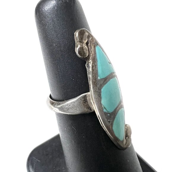 Vintage Sterling Turquoise Inlay Ring Size 4.75 - Picture 2 of 6